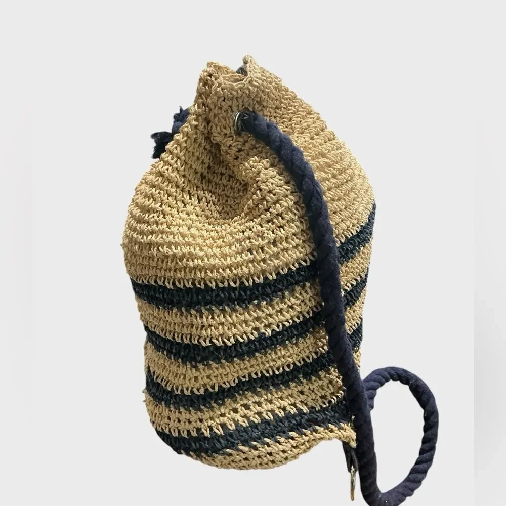 Cynthia Rowley Straw Drawstring Backpack Cream Navy Woven Boho Bag